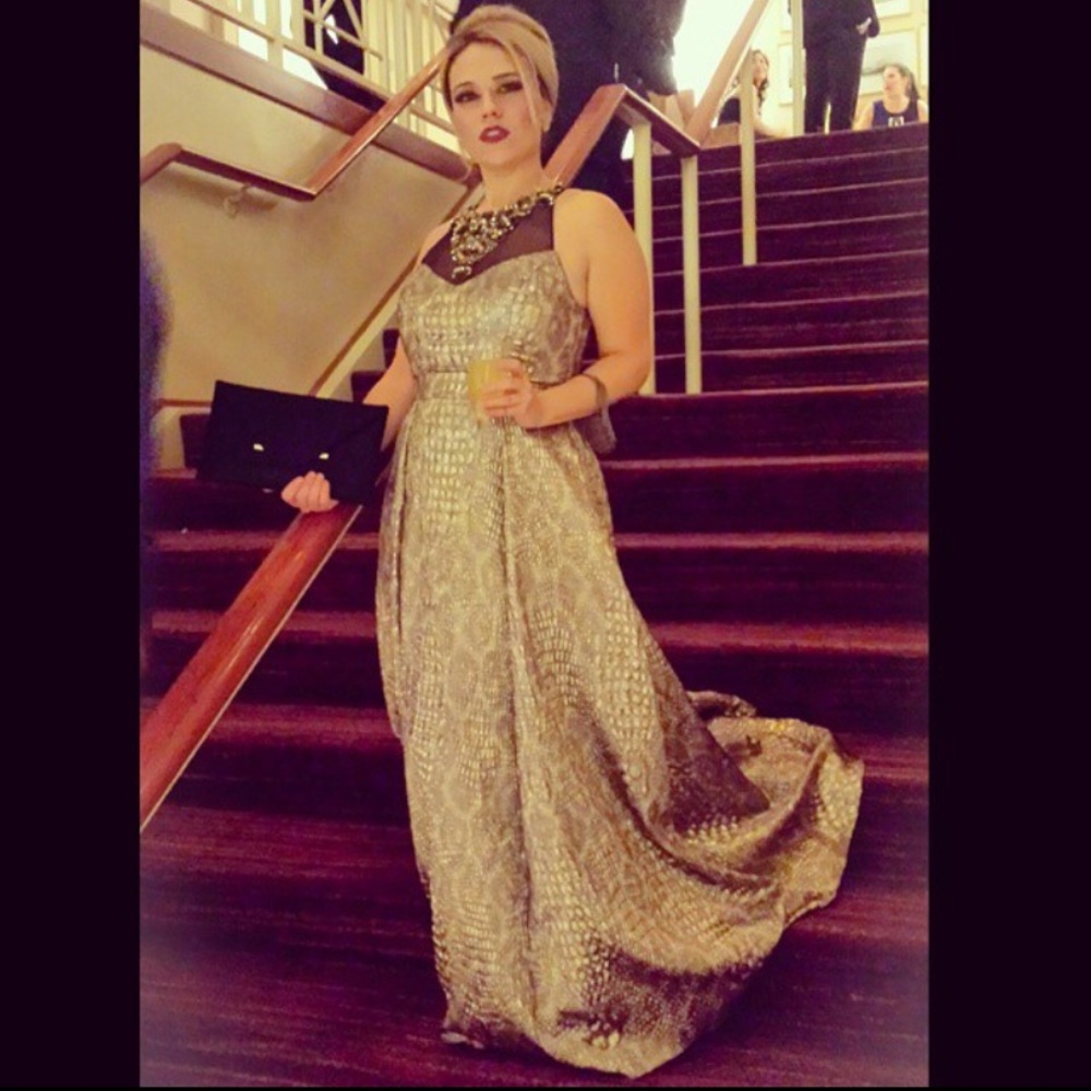 Badgley Mischka Embossed Gold cocktail Gown Full